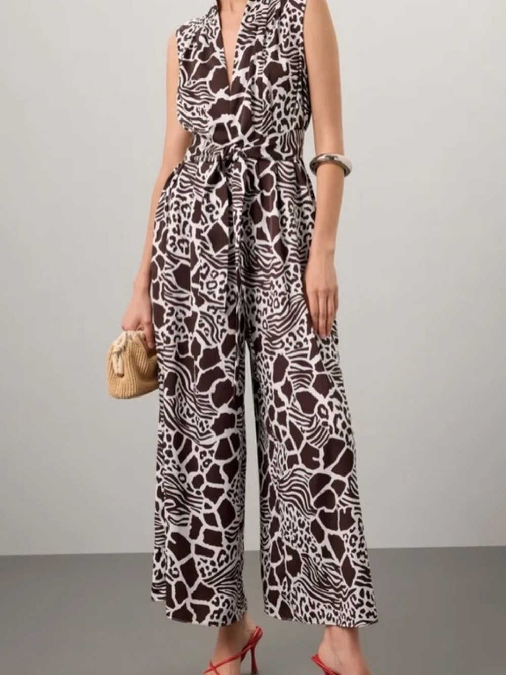 Adam Lippes Brown & White Sleeveless Wide-Leg Printed Jumpsuit